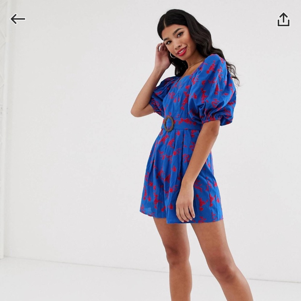 ASOS Blue Puff Sleeve Belted Floral Romper with Red Print
